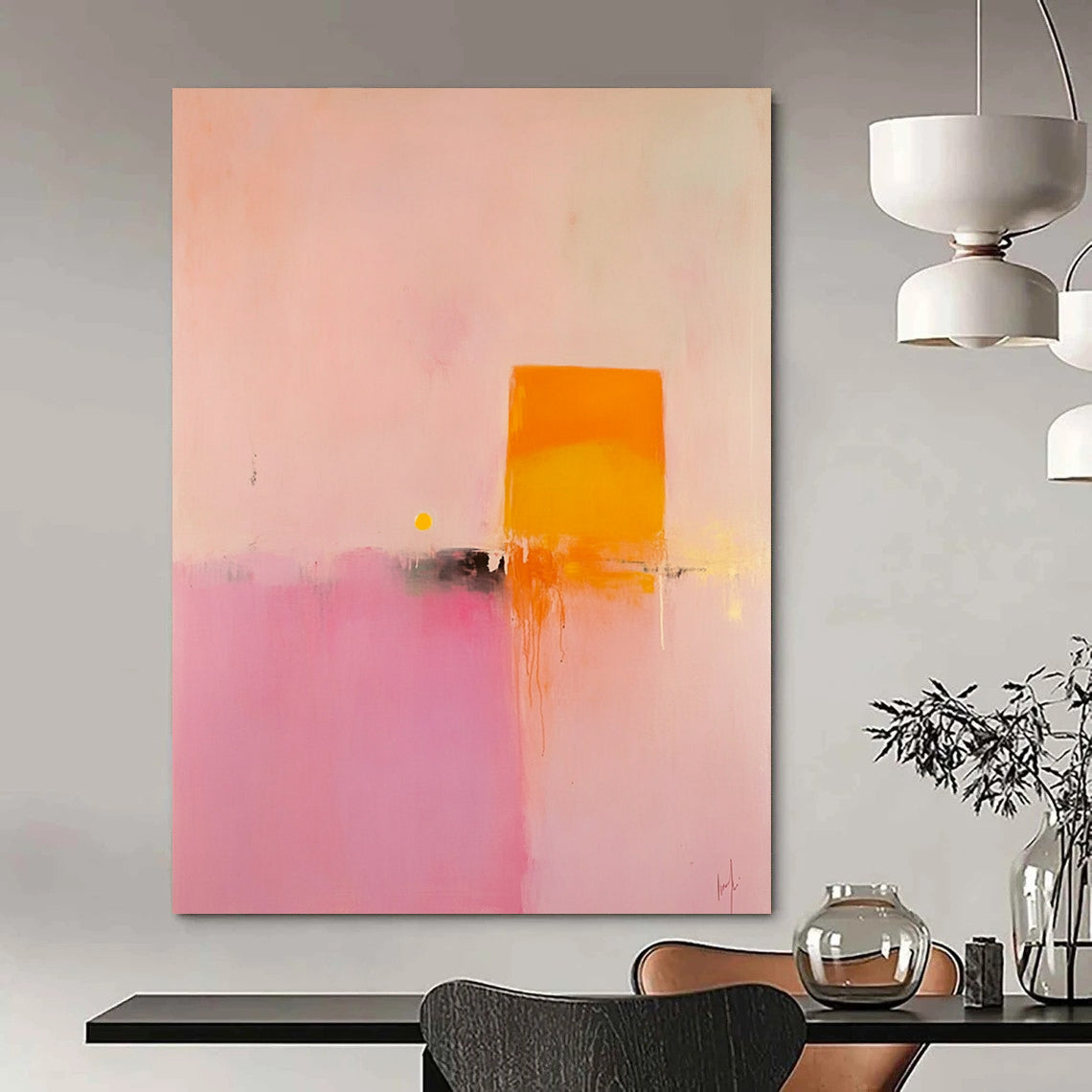Contemporary hand-painted abstract art featuring soft pink and orange hues with a central yellow geometric shape creating a serene minimalist landscape. DLZ1474