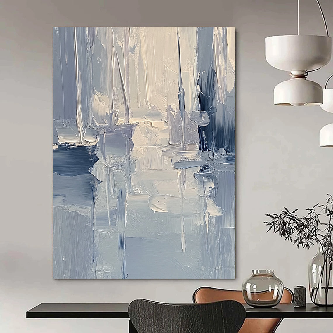 Large contemporary abstract painting featuring textured layers of blue and gray tones with soft lighting reflecting a serene coastal landscape. DLZ0352
