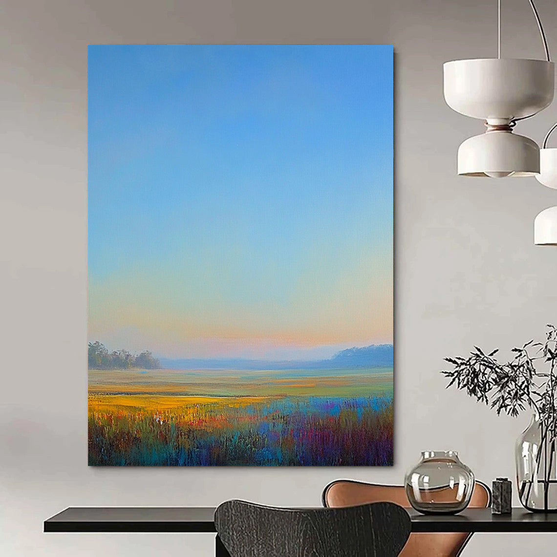 Contemporary hand-painted abstract artwork captures tranquil morning light over a serene landscape with soft hues of blue green pink and yellow. DLZ1488