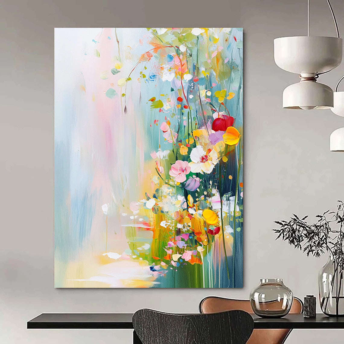Contemporary abstract painting featuring vibrant flowers and plants in pastel colors with soft brushstrokes creating a tranquil springtime landscape. DLZ0413