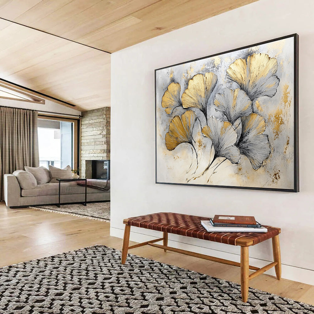 “Gilded Ginkgo Leaves” - Gold, Silver, Gray - Textured Botanical Gilded - Acrylic Painting HB1327