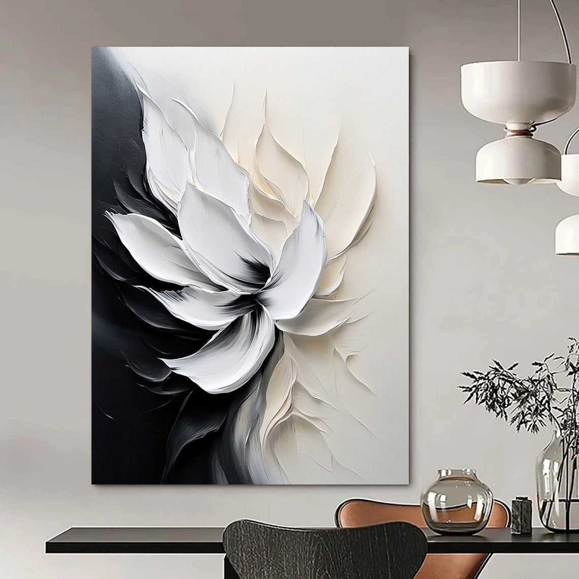 Contemporary abstract flower painting with smooth brushstrokes and monochrome palette evokes tranquility and elegance through delicate petal details and soft lighting. DLZ0828