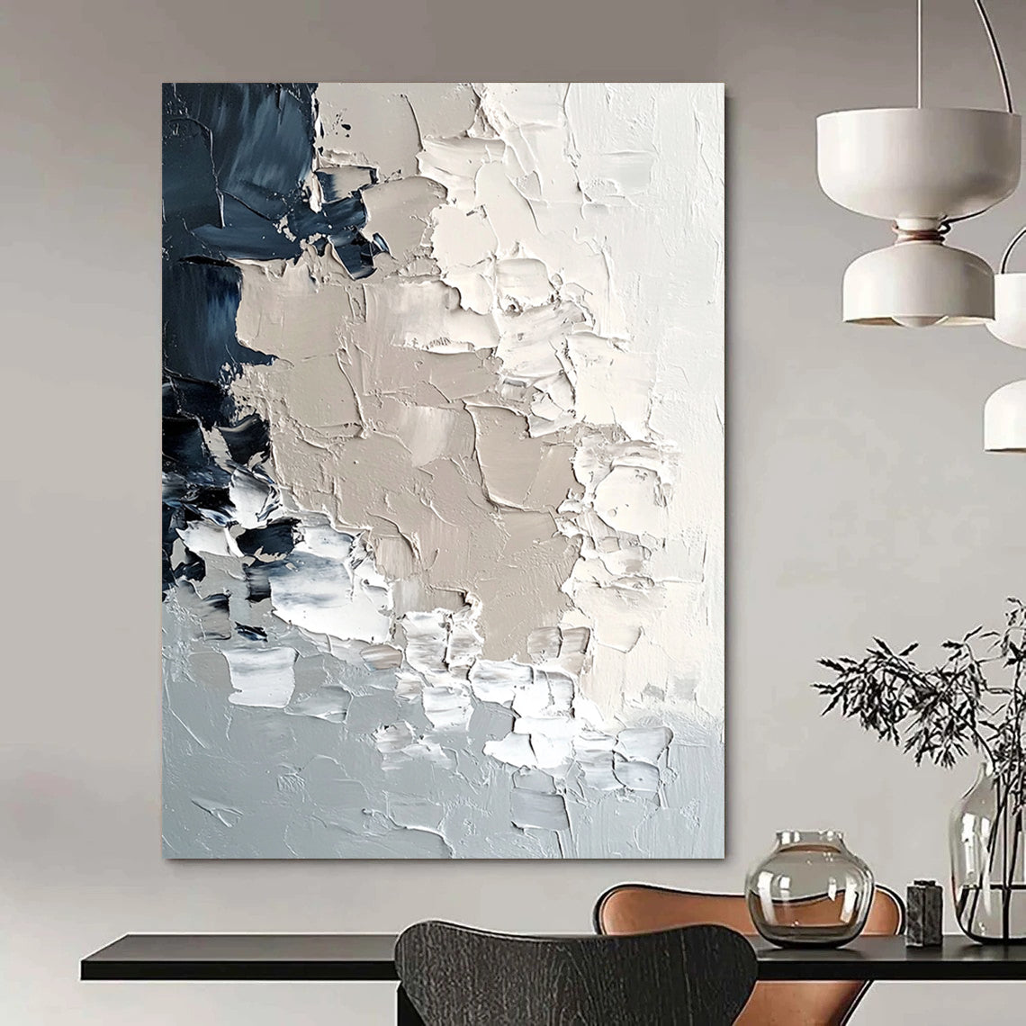 Contemporary hand-painted abstract art featuring textured icebergs in soft neutral tones and melting snowflakes, evoking a modern minimalist aesthetic. DLZ0427