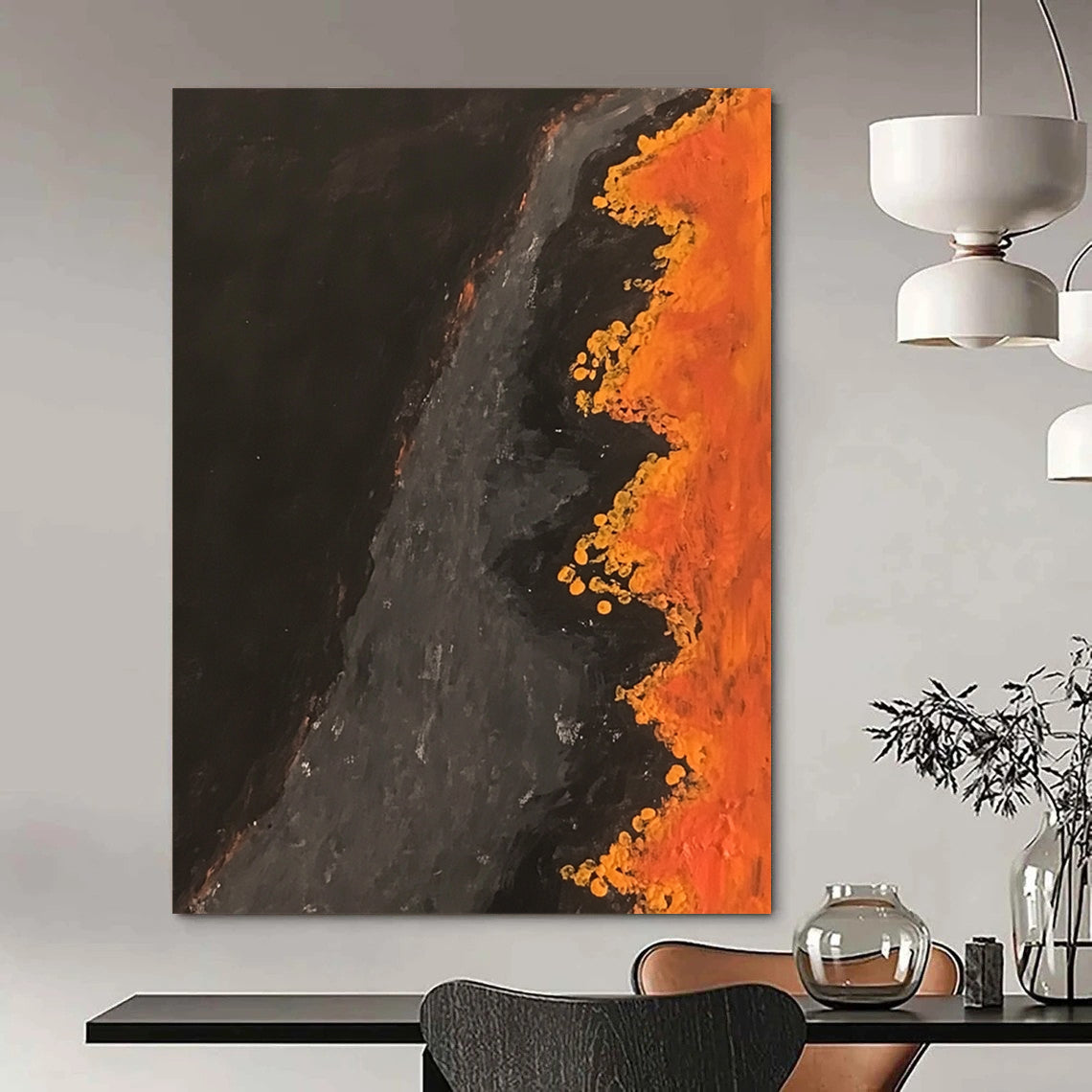 Contemporary abstract artwork capturing an aerial scene of an orange and black river with dark brown water and yellow flowers lining the banks. DLZ0839