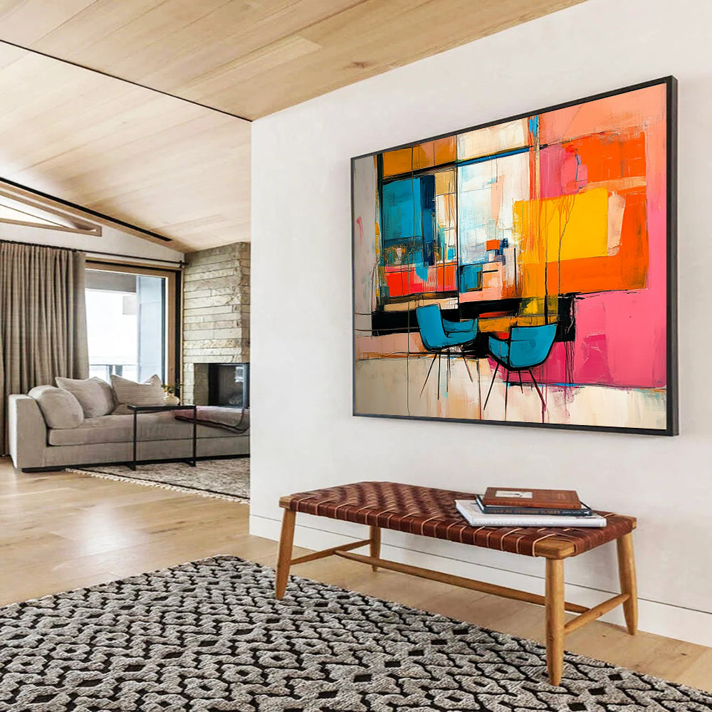 “Vibrant Interior Abstraction” - Multicolor, Abstract Interior Scene with Chairs HB1119