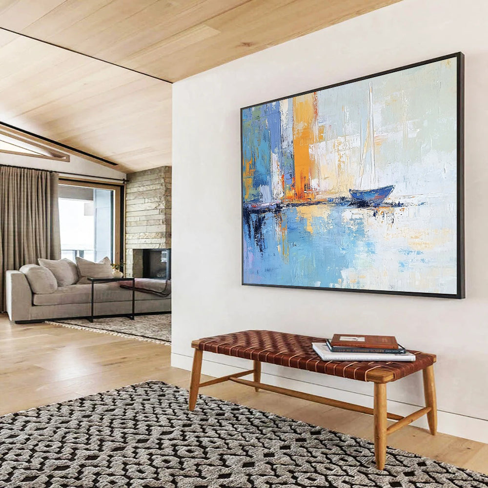 “Harbor Serenity” - Blues, oranges, yellows; Sailboat by abstract city harbor; Impasto Oil Painting On Canvas HB1176