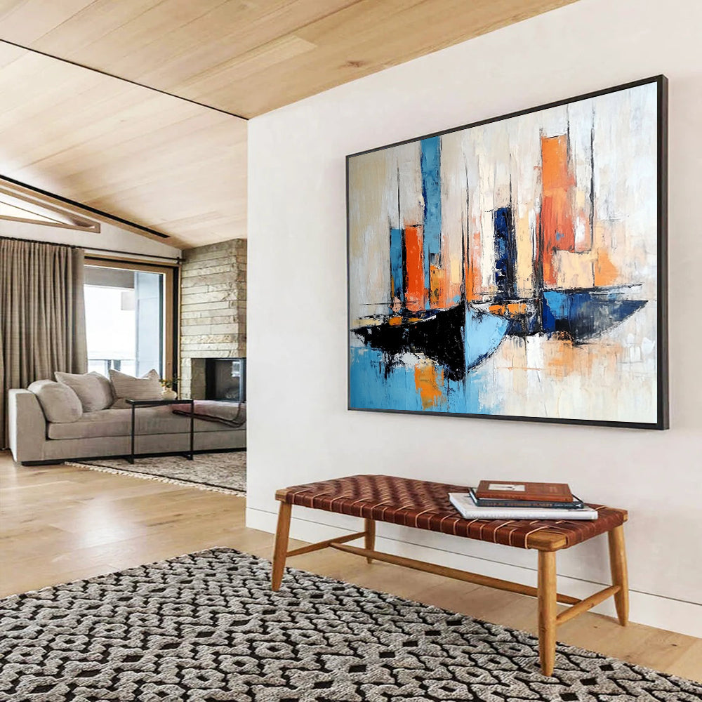 “Colorful Sailboats” - Blues, oranges, whites; Abstract sailboats in a vibrant harbor; Impressionistic Oil Painting On Canvas HB1178