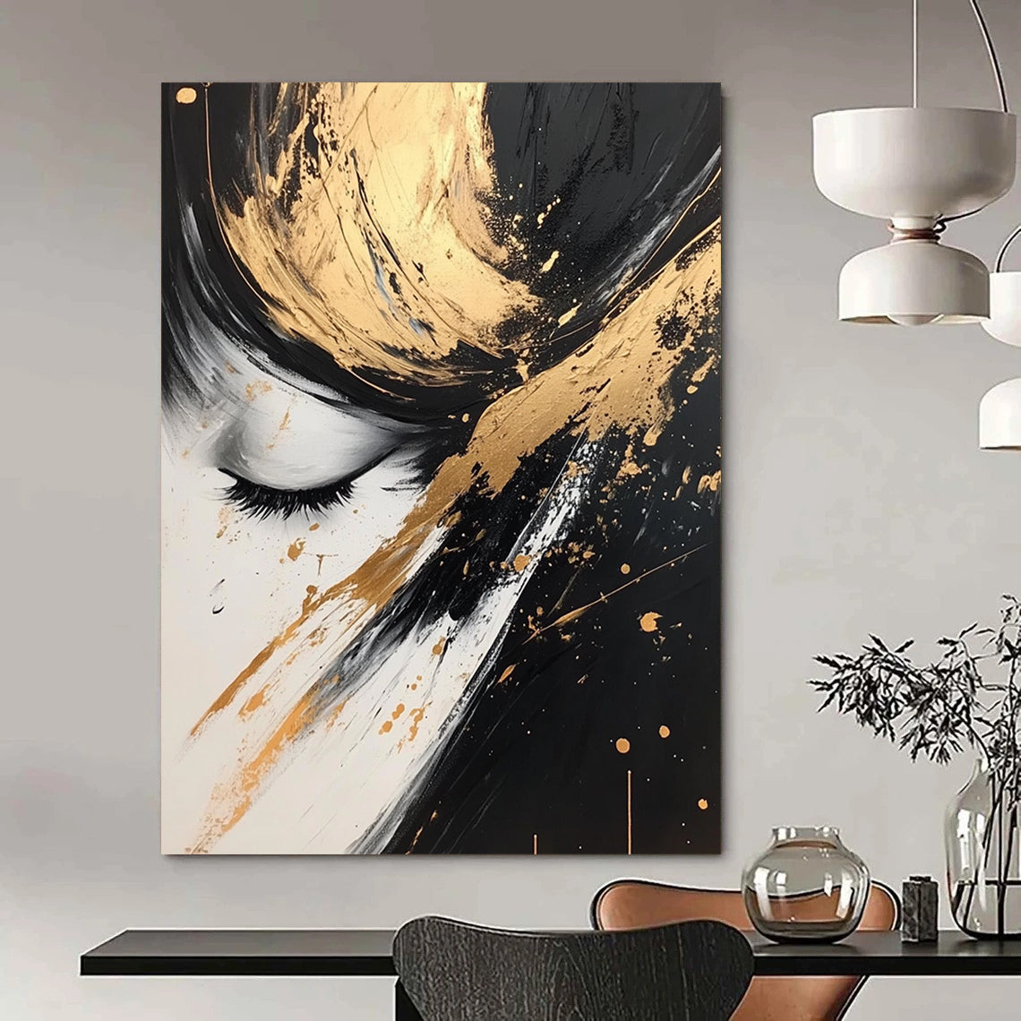 Contemporary hand-painted abstract art featuring dynamic black, white, and gold splashes creating an elegant and beautiful visual experience. DLZ0323