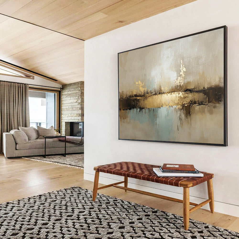 “Neutral Tones Abstract Landscape” - Beige, Gold, Blue, Textured Horizons, Abstract Landscape Painting On Canvas HB0898