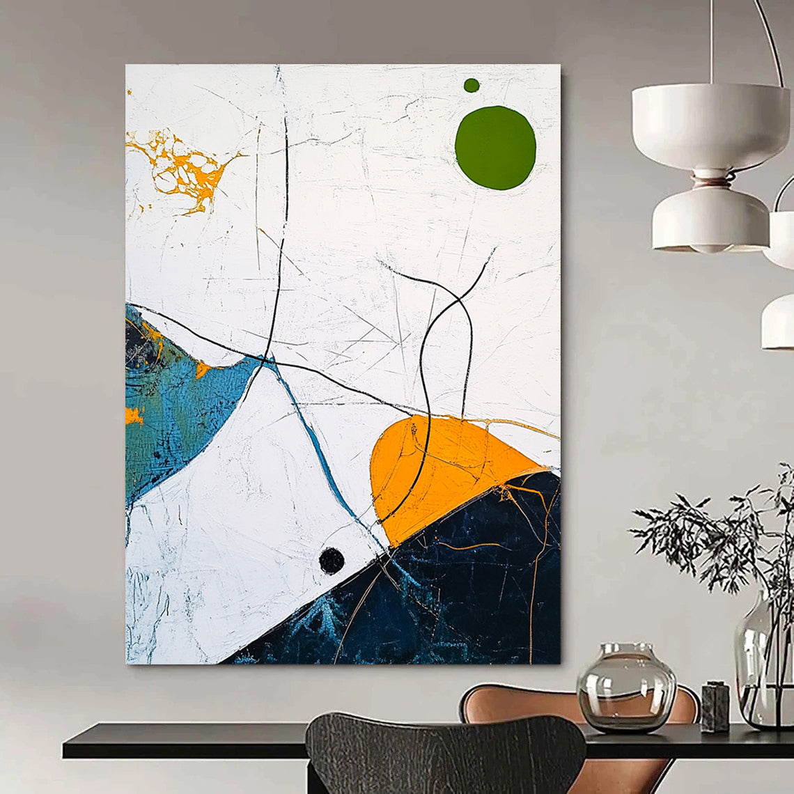 Contemporary abstract artwork featuring a white sky, light blue and dark green lines, a yellow outlined circle, an orange oval, and a green dot. DLZ0609