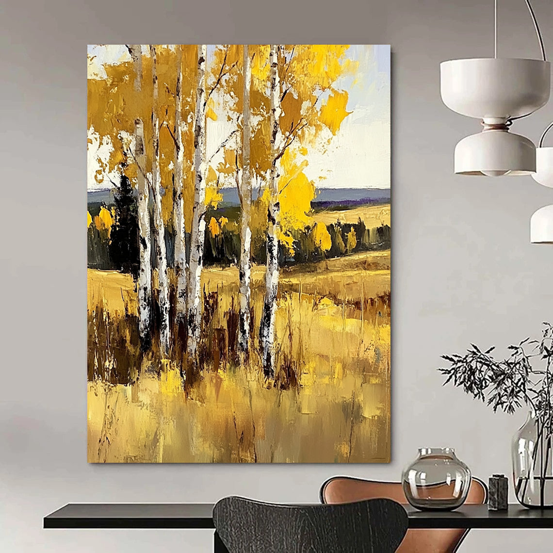 Large contemporary hand-painted abstract artwork featuring birch trees in vibrant yellow against sunny grasslands with bold brush strokes. DLZ1102
