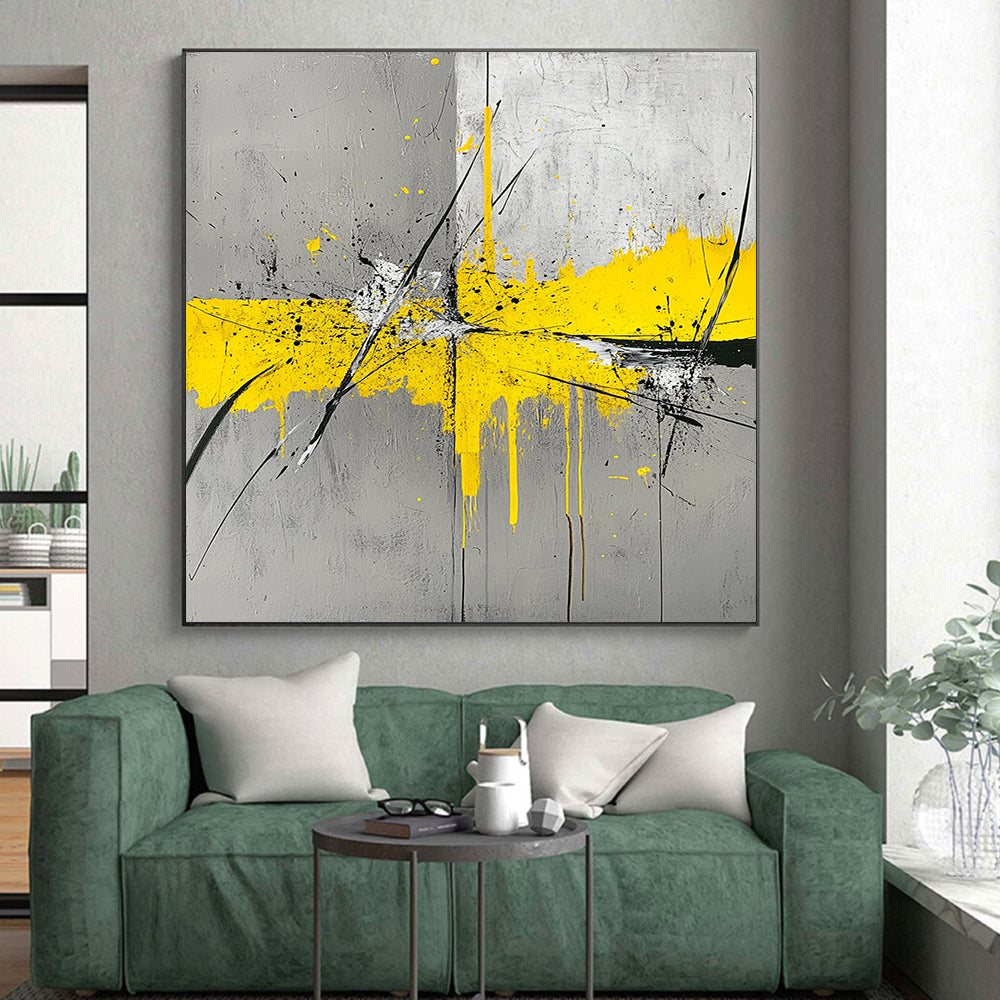 Gray, Yellow, Black, White, Splattered Cross "Dynamic Intersection" Abstract Expressionist Painting On Canvas HB058