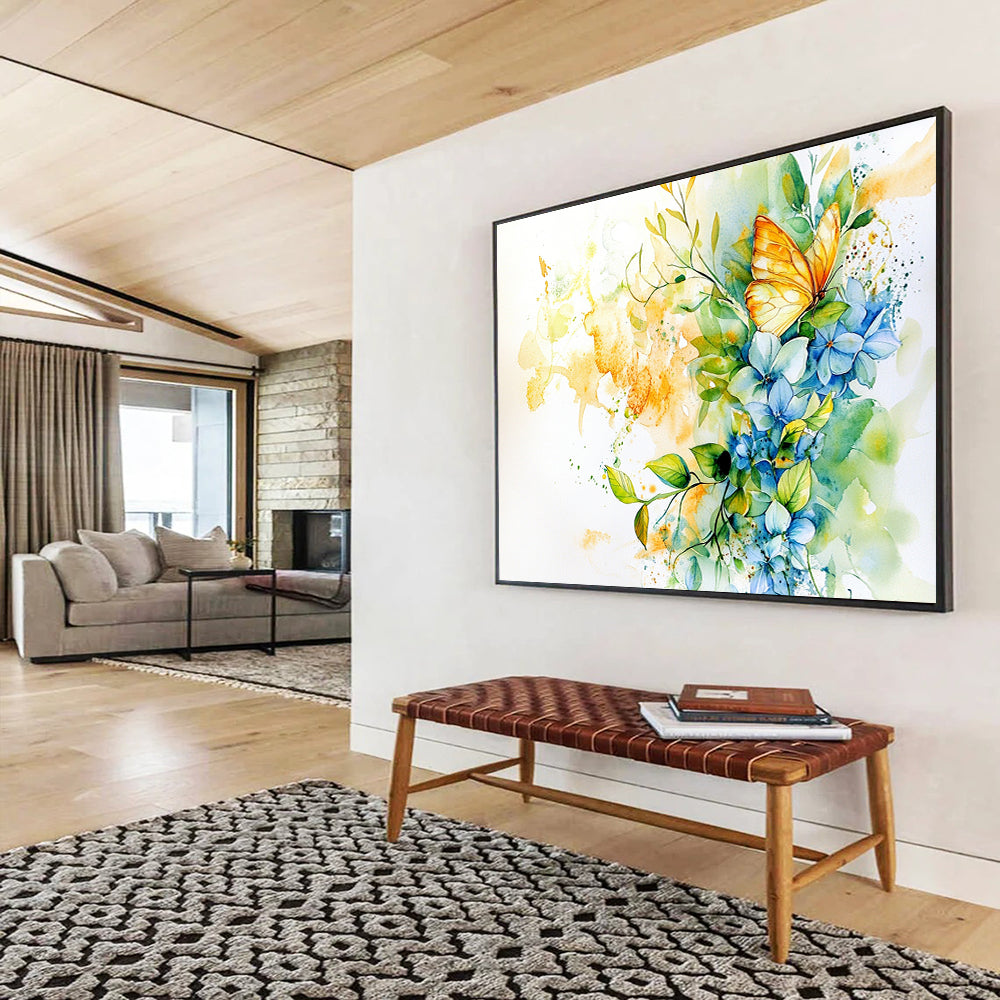 “Vibrant Butterfly & Blooms” - Blue, Yellow, Butterfly, Flowers Painting On Canvas HB0761