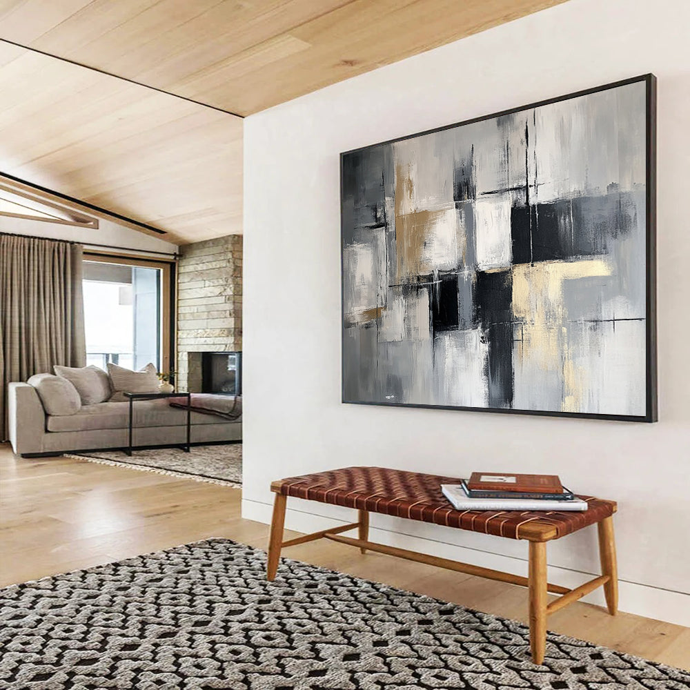 “Monochromatic Geometric Abstract” - Gray, white, beige, black; Geometric abstract in monochromatic tones; Acrylic Painting On Canvas HB1249