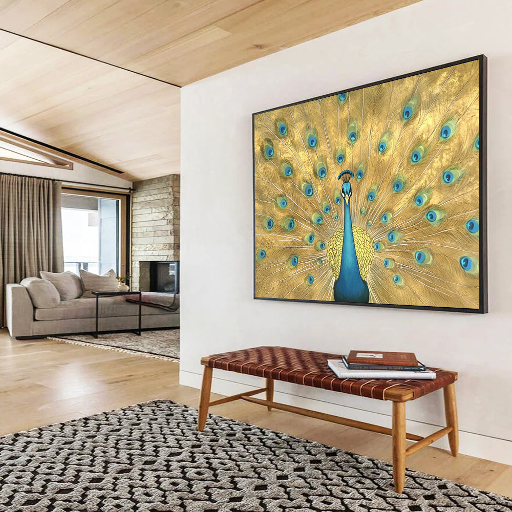“Golden Peacock Display” - Gold, Blue, Green, Ornate Animal Painting On Canvas HB0687