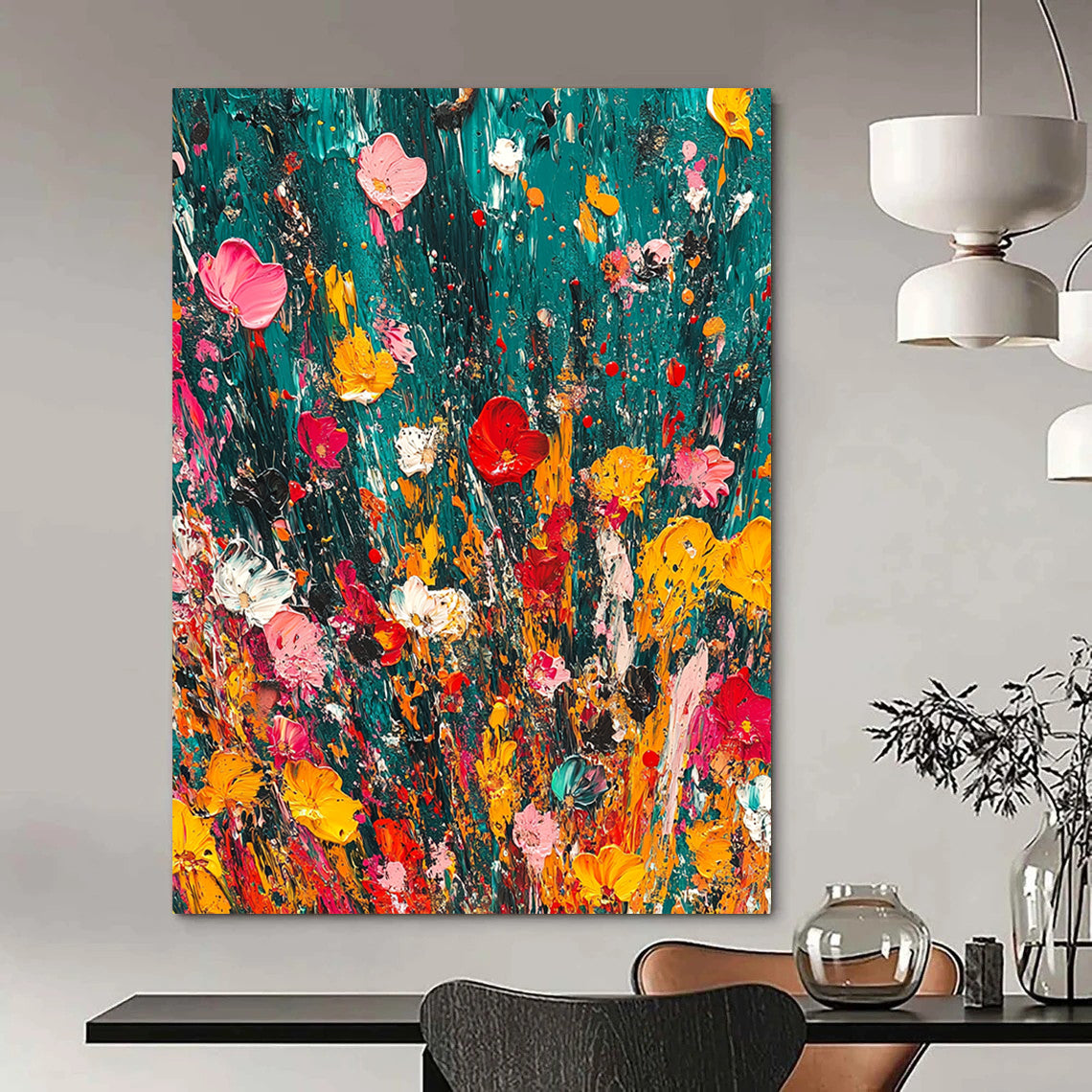 Vibrant contemporary abstract painting featuring lush emerald green and dynamic splashes of color creating a joyful and playful atmosphere. DLZ1175