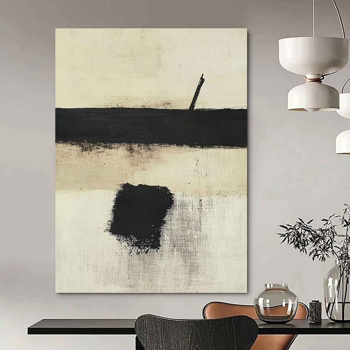 Contemporary hand-painted abstract art featuring a white background with bold black and beige hues and a striking central brush stroke. DLZ0424