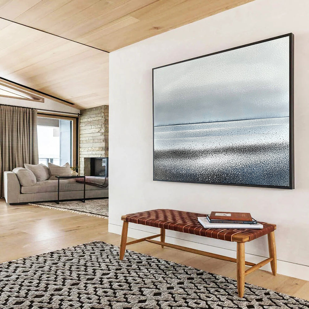 “Silver - Gray Dotted Horizon” - Silver, Gray, Dotted Coastal Lines Painting On Canvas HB0788