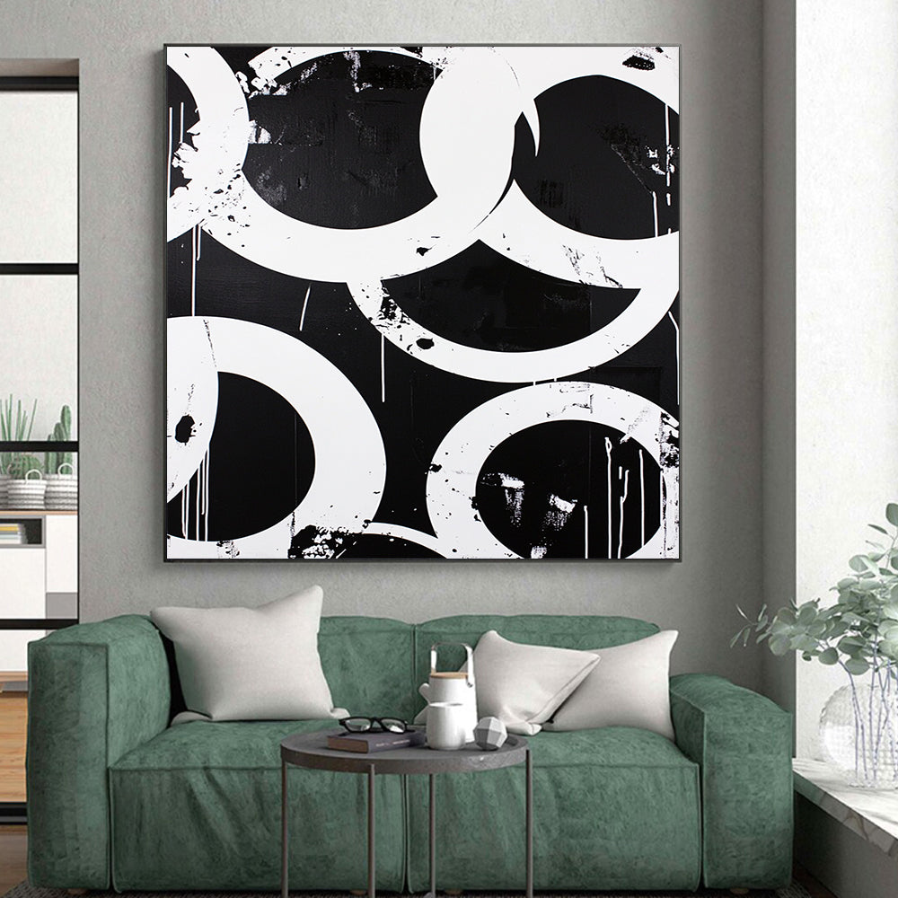 Black, White, Overlapping Circles "Graphic Circle Overlaps" Abstract Pop - Art Inspired Painting On Canvas HB173