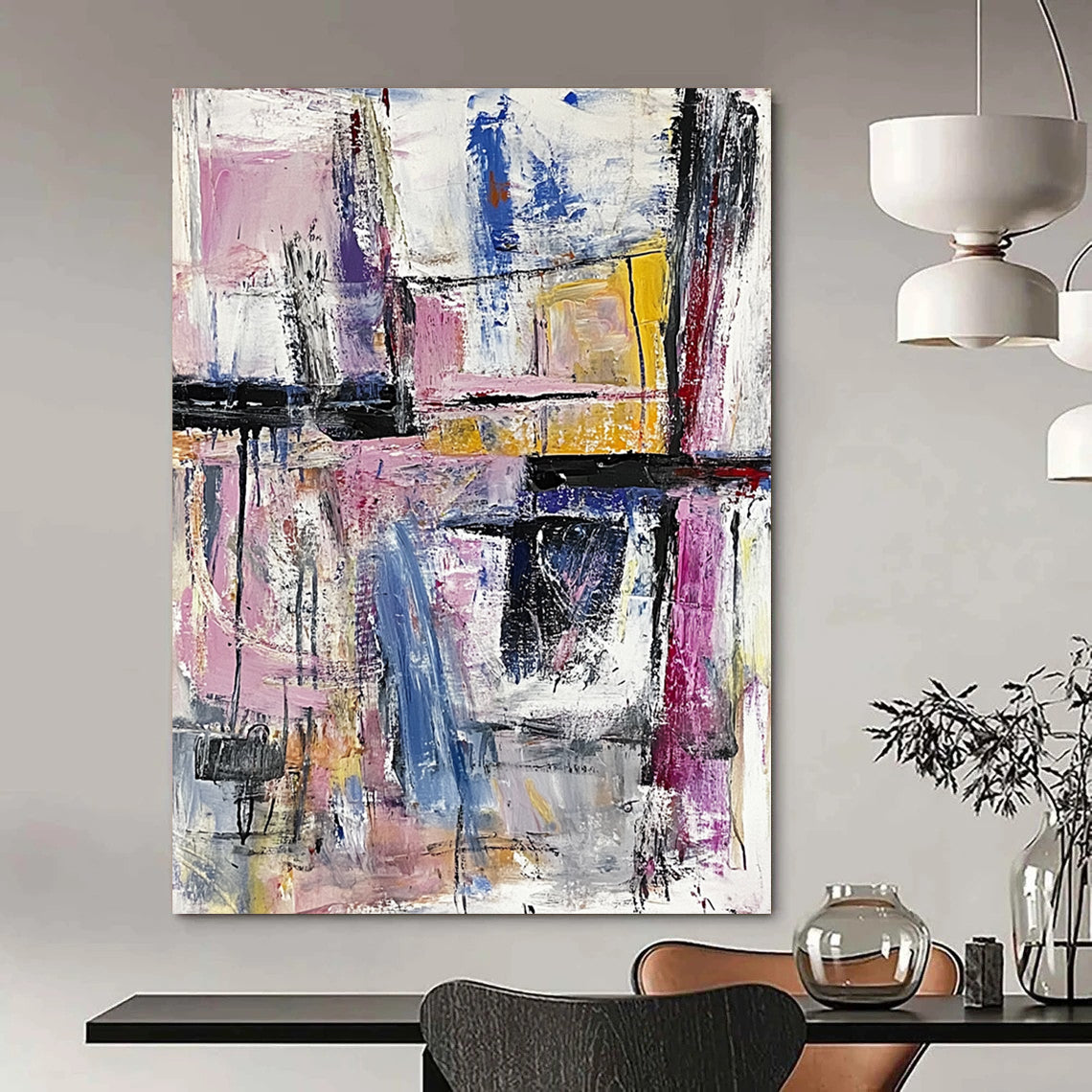 Contemporary hand-painted abstract artwork featuring an expressive urban landscape with bold brushstrokes and a pastel palette creating rich textures. DLZ0967