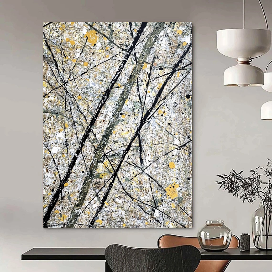 Large contemporary hand-painted abstract artwork features gray and yellow splashes alongside intricate black lines representing tree branches. DLZ1587