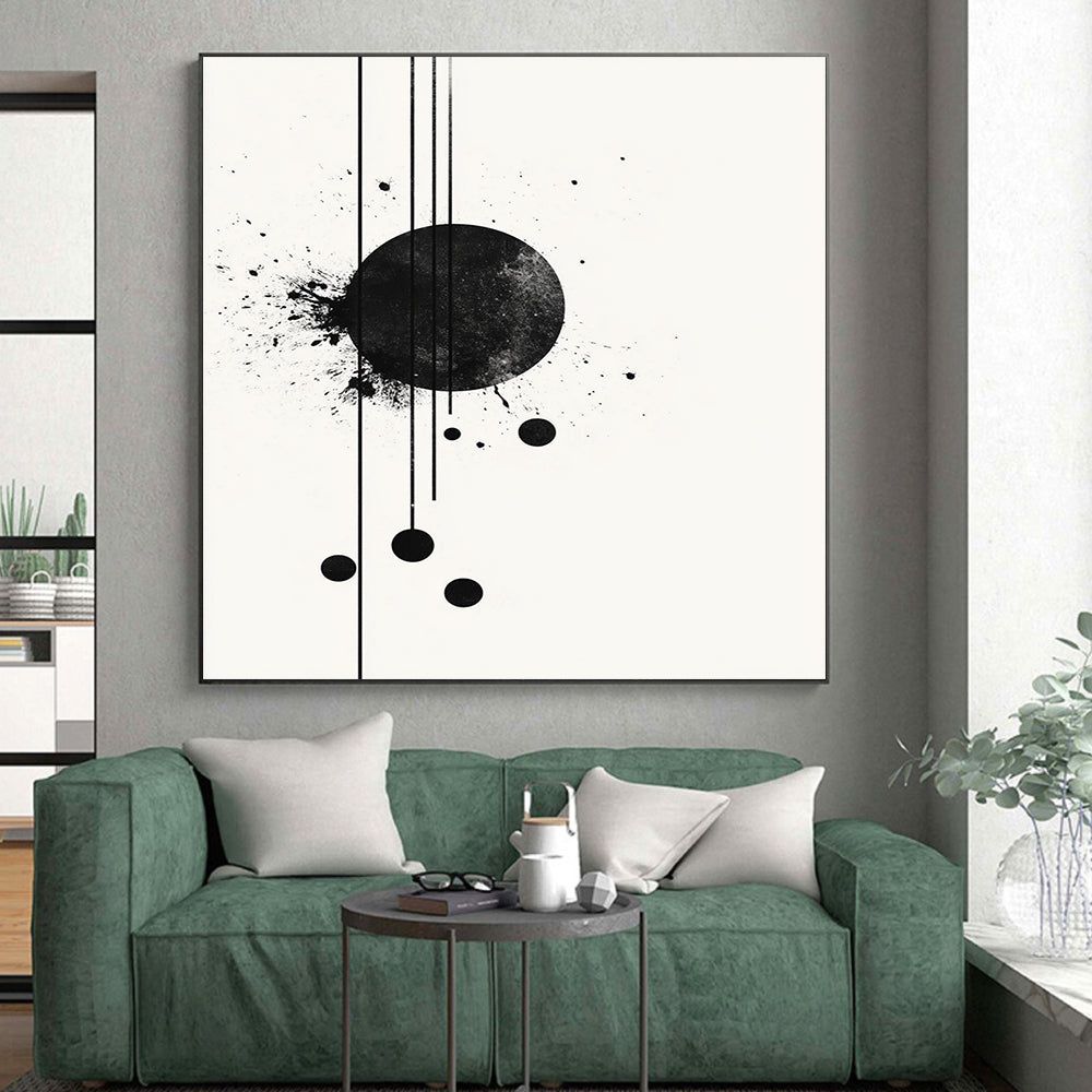 Black Circle with Splatter & Lines - “Elegant Ink Fusion” Painting On Canvas HB238