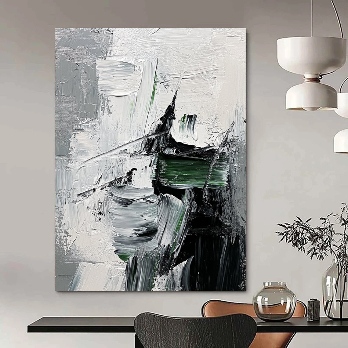 Contemporary abstract painting showcasing impasto textures with green strokes on a monochrome grey and black backdrop featuring a hint of fur detail. DLZ0748