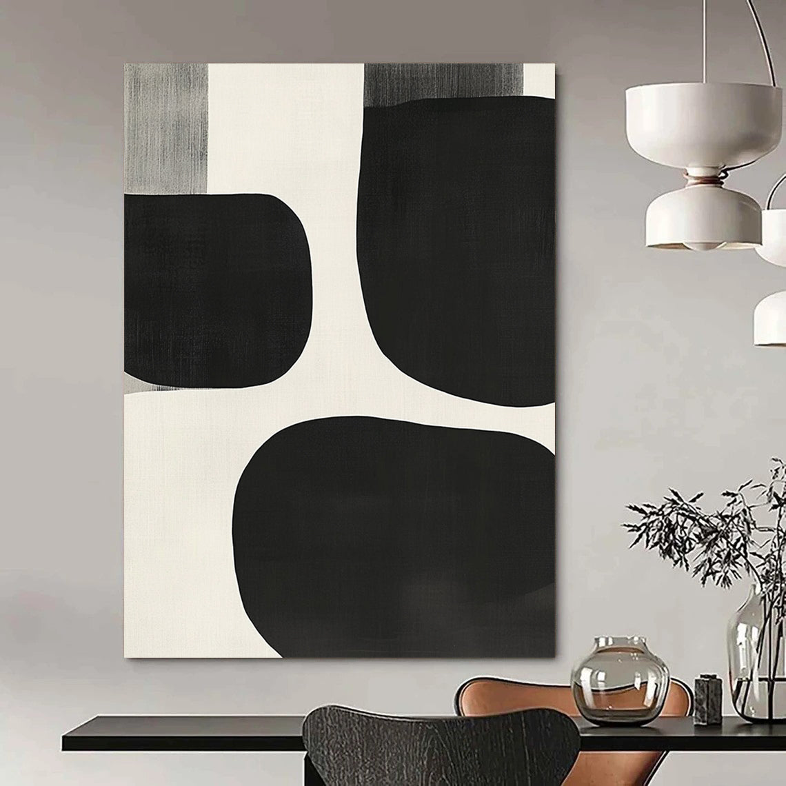 Contemporary hand-painted abstract artwork featuring black and white shapes, overlapping organic forms, soft edges, and a minimalist style inspired by mid-century modern design. DLZ1552