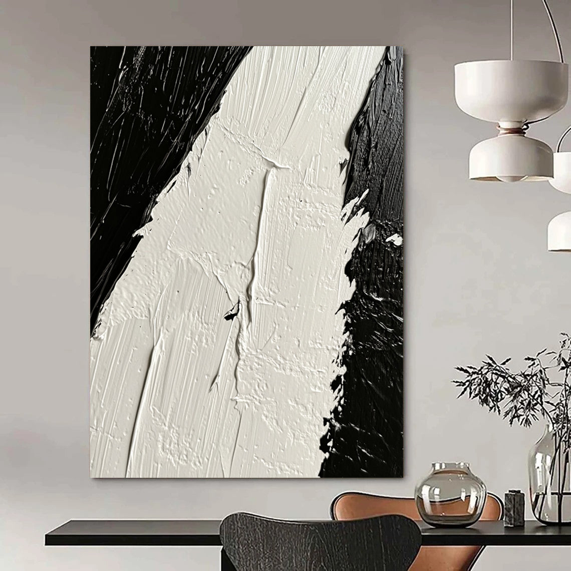 Contemporary hand-painted abstract artwork showcasing intricate white oil paint textures contrasted against deep black tones on canvas. DLZ1745