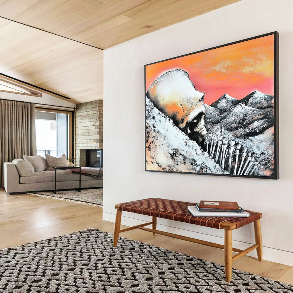 “Skull and Mountains” - Orange, Pink, Gray, Black, Surreal Landscape - Surrealist Acrylic Painting HB1553