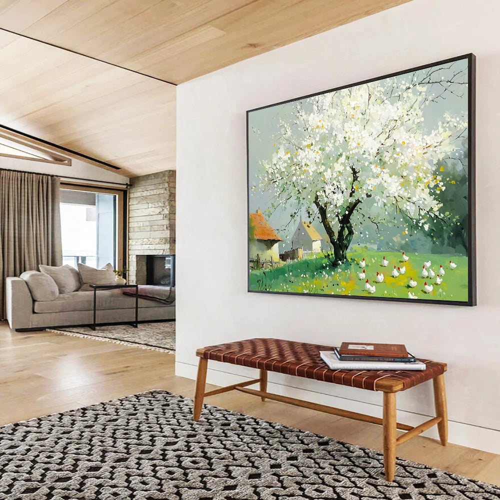 “Blossoming Tree & Farm Scene” - White blossoms, green field, farmhouses, Impressionist Landscape Painting On Canvas HB0597