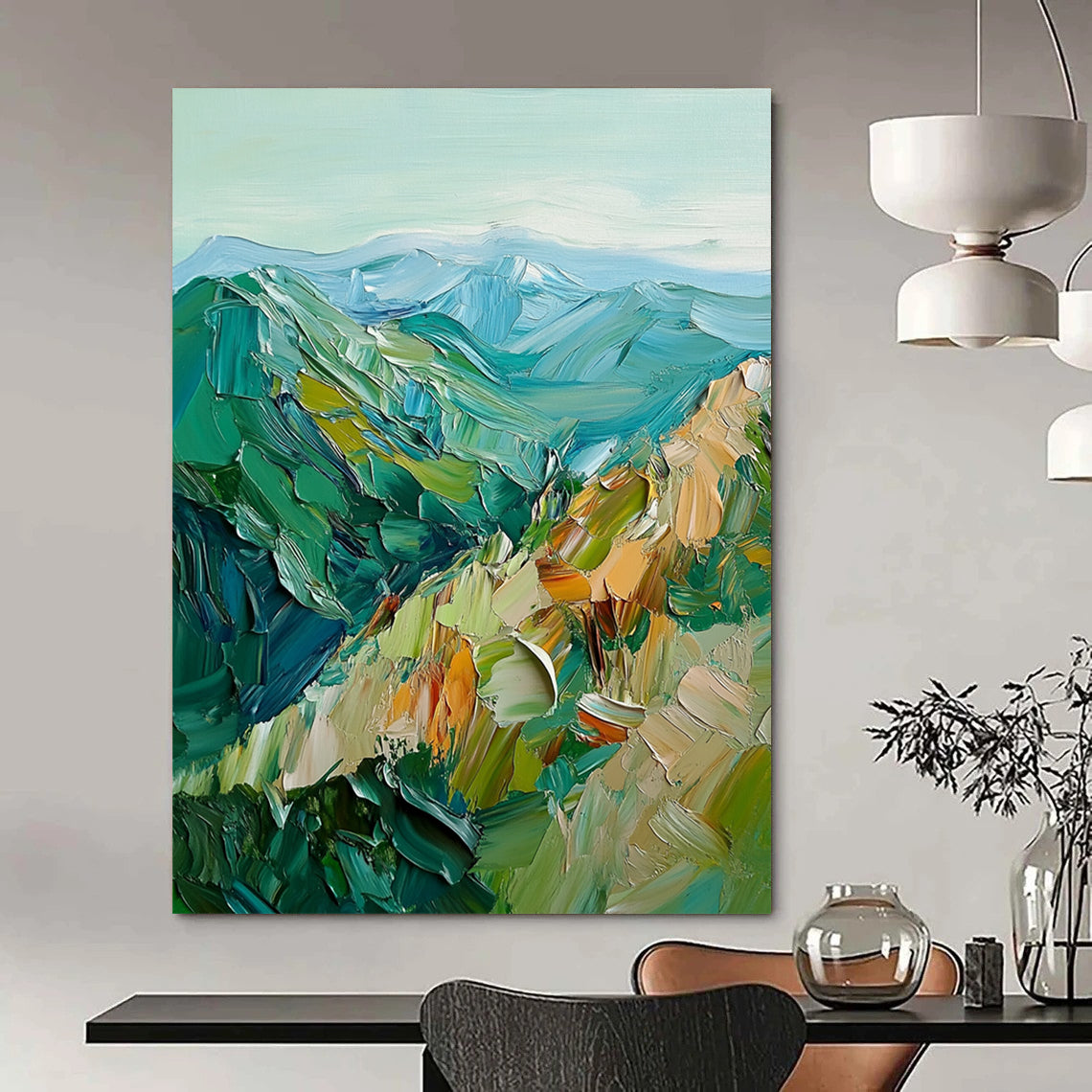 Contemporary abstract artwork featuring vibrant green and blue mountains created with bold impasto brush strokes for a striking visual impact. DLZ0483