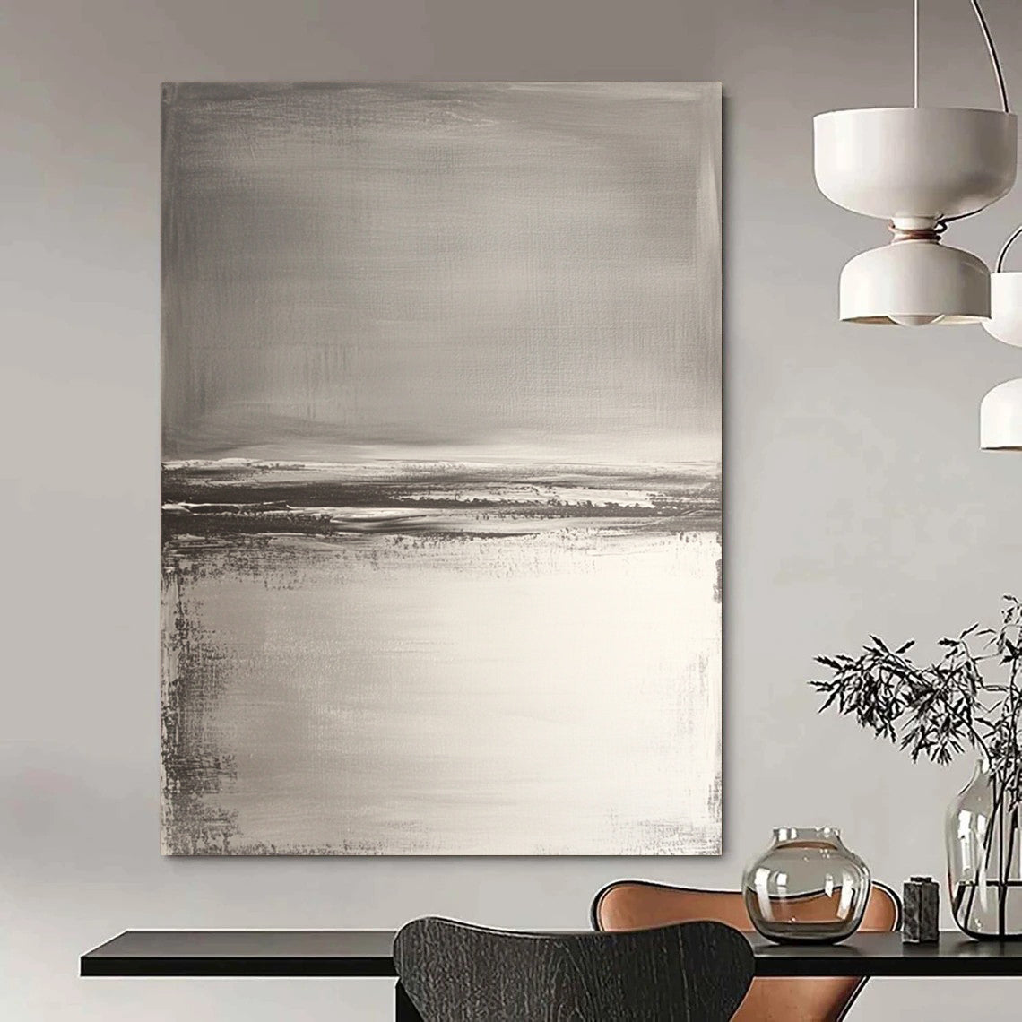 Contemporary hand-painted abstract artwork features neutral tones with gray and white, textured water reflections, and soft brush strokes for a serene beach landscape. DLZ0390