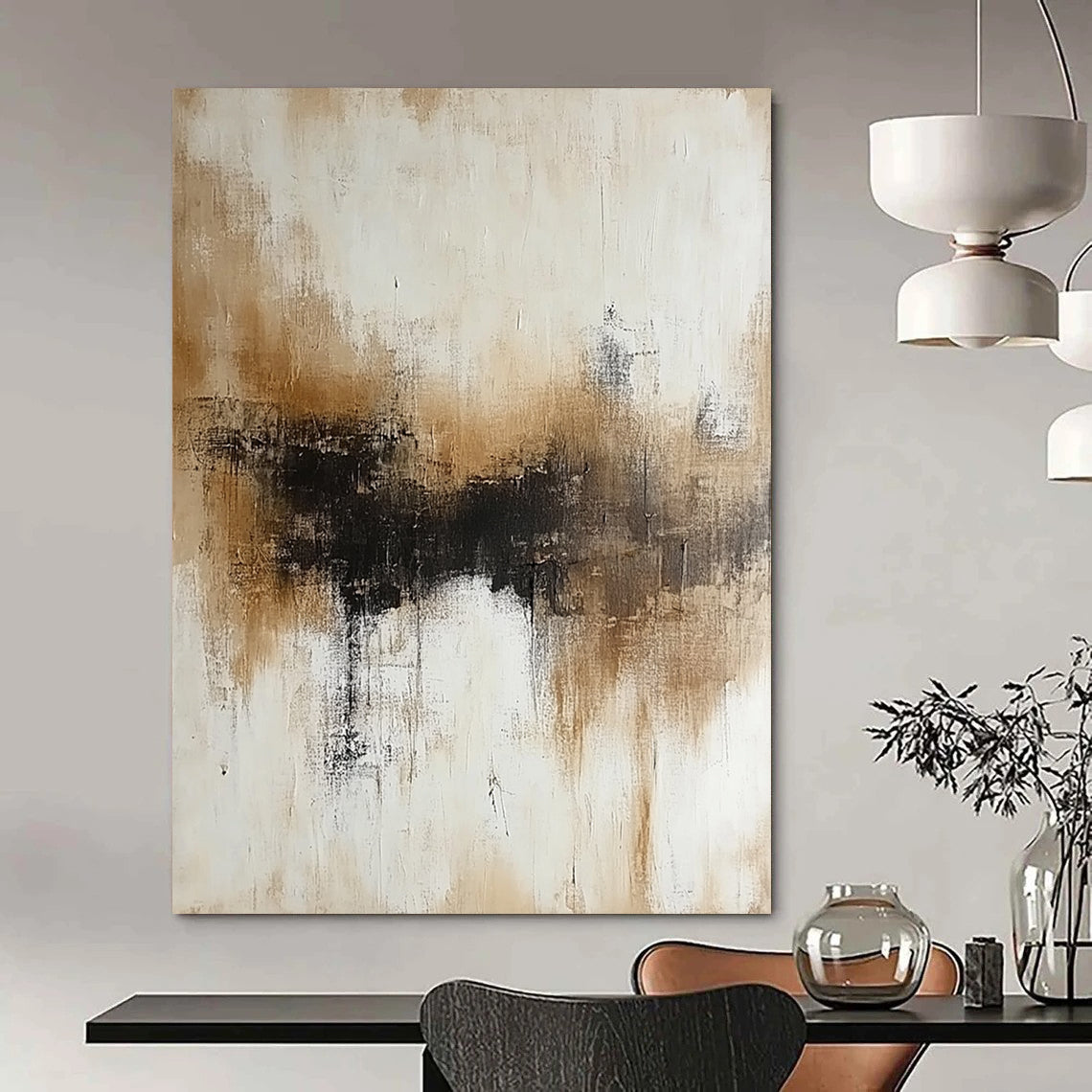 Contemporary hand-painted abstract artwork featuring neutral beige and white tones with subtle brown accents on a soft neutral background. DLZ0561