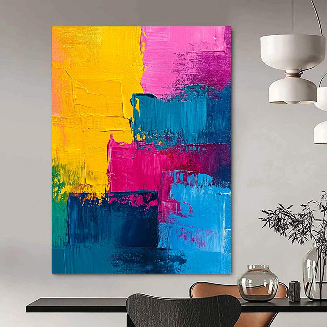 Contemporary abstract painting features vibrant pink blue yellow and teal acrylic swirls creating a dynamic and energetic visual experience. DLZ0811