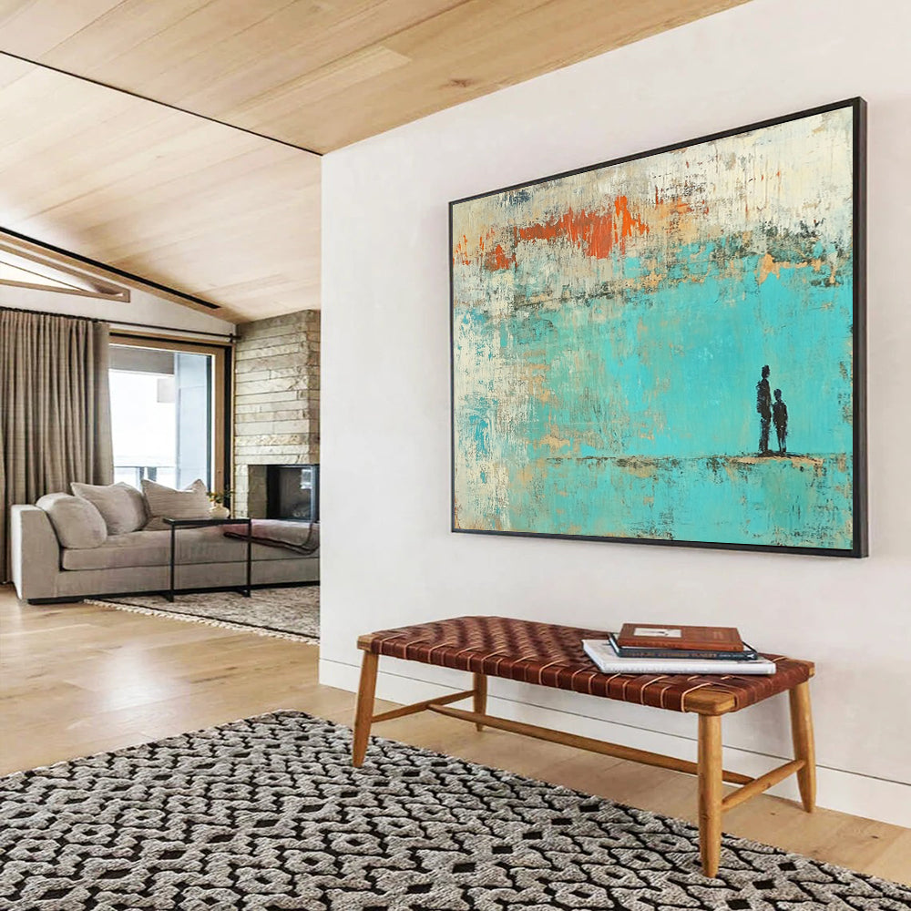 “Father - Child Silhouette in Turquoise - Orange” - Turquoise, Orange, Black with Silhouettes - Painting On Canvas HB1396