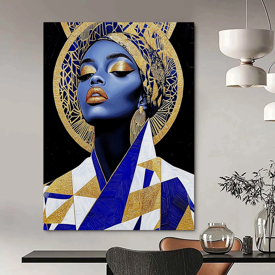 Contemporary abstract art featuring an African queen in gold leaf jewelry and geometric patterns, set against bold black shapes for added depth. DLZ1086