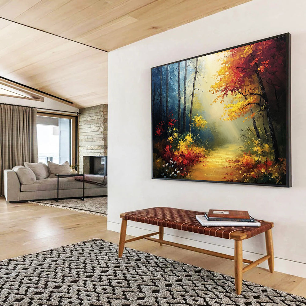 “Sunlit Forest Path” - Yellows, Reds, Greens, Forest Path with Sunbeams - Impasto Oil Painting HB1711