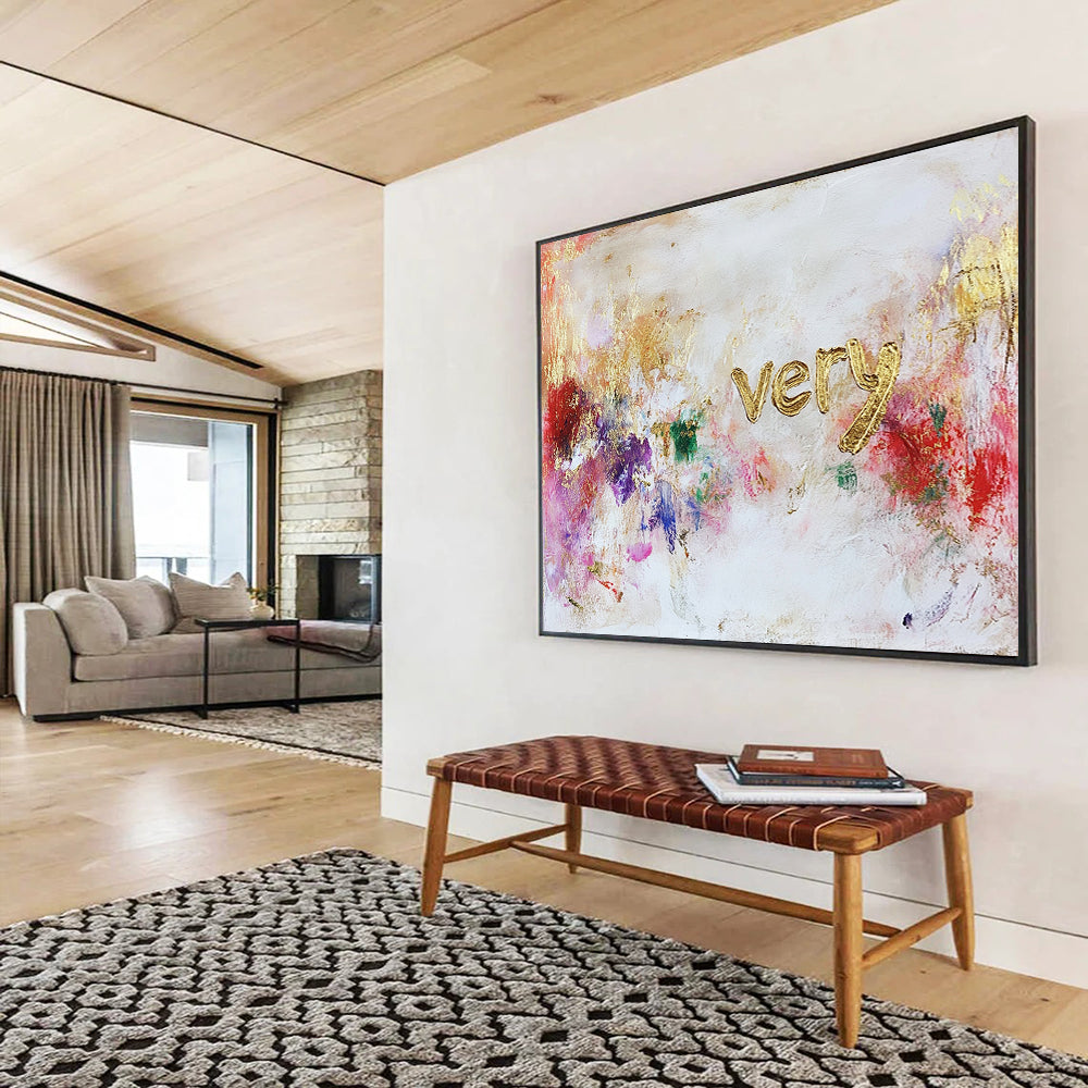 “Colorful ‘Very’ Textured Art” - Gold, Colorful Splashes, “Very” Lettering Painting On Canvas HB0768
