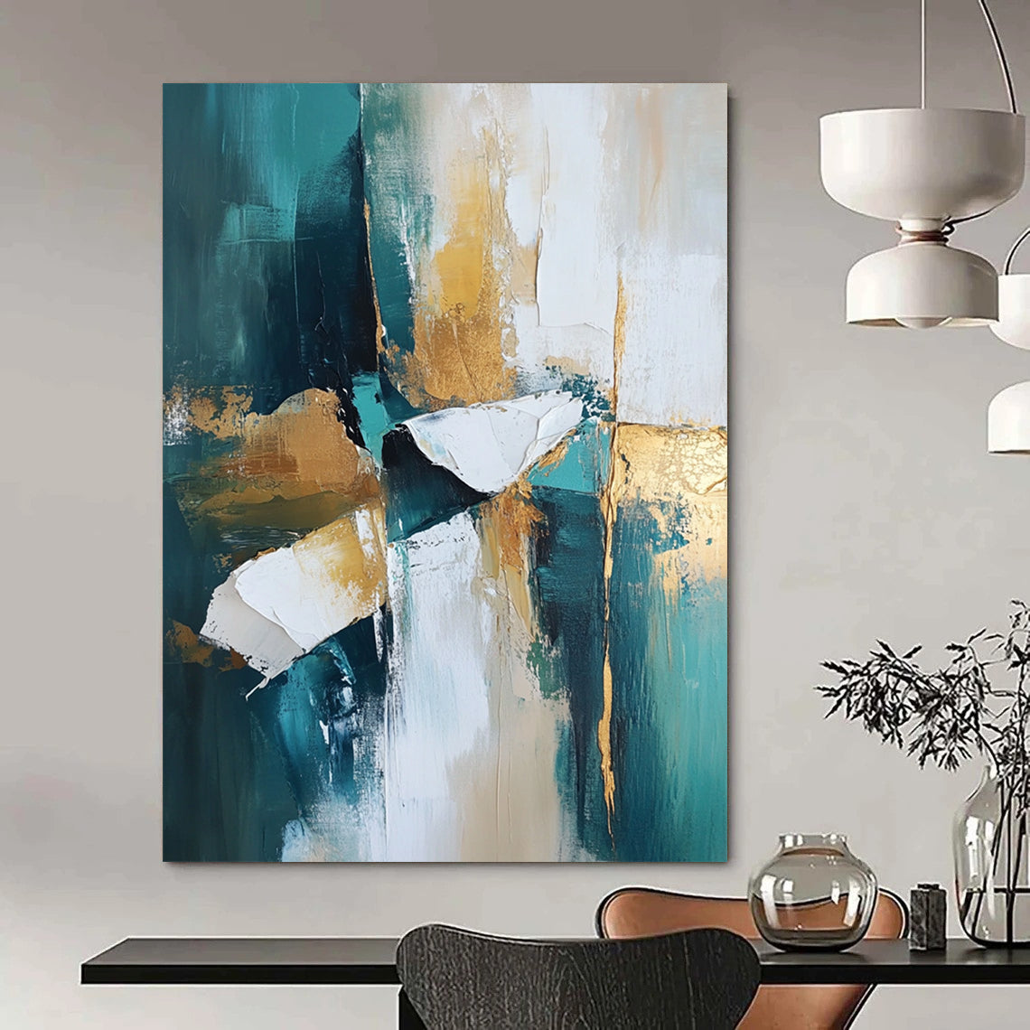 Contemporary abstract painting featuring teal and white tones with gold accents. High-resolution artwork with dramatic lighting and atmospheric quality for stunning visuals. DLZ0444