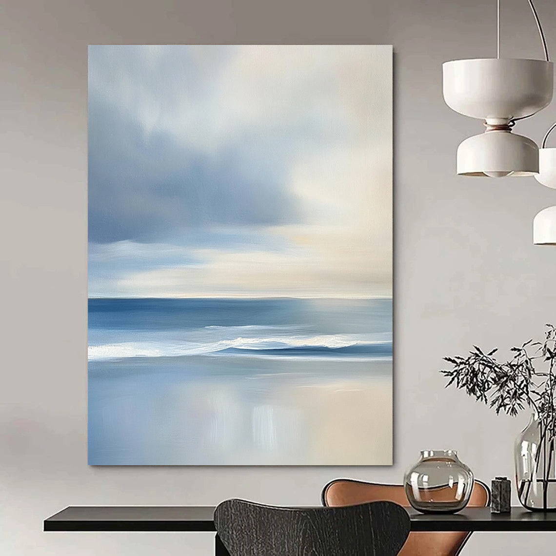 Contemporary abstract artwork features a serene ocean with gentle waves and soft clouds, showcasing light blues and grey tones for a tranquil ambiance. DLZ1460