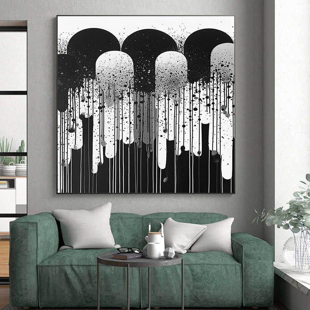 Black, White and Gray Dripping Shapes "Moody Meltdown" Painting On Canvas HB285