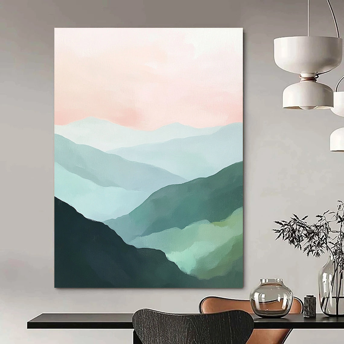 Contemporary abstract painting features green mountains and a soft pink sky creating a tranquil landscape with a harmonious color palette of mint green and pale blue. DLZ0394