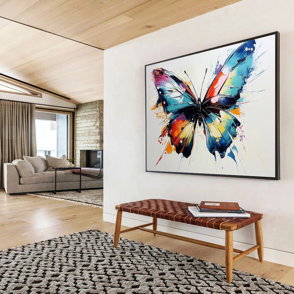 “Rainbow - Hued Butterfly” - Bright Pink, Blue, Yellow, Orange, Textured Butterfly Abstract Painting On Canvas HB0984