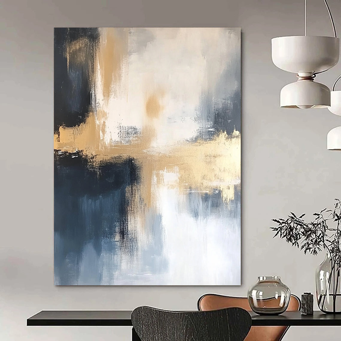 Contemporary hand-painted abstract art featuring gold, white, blue, black, and gray tones on a soft white background, perfect for modern decor. DLZ0436