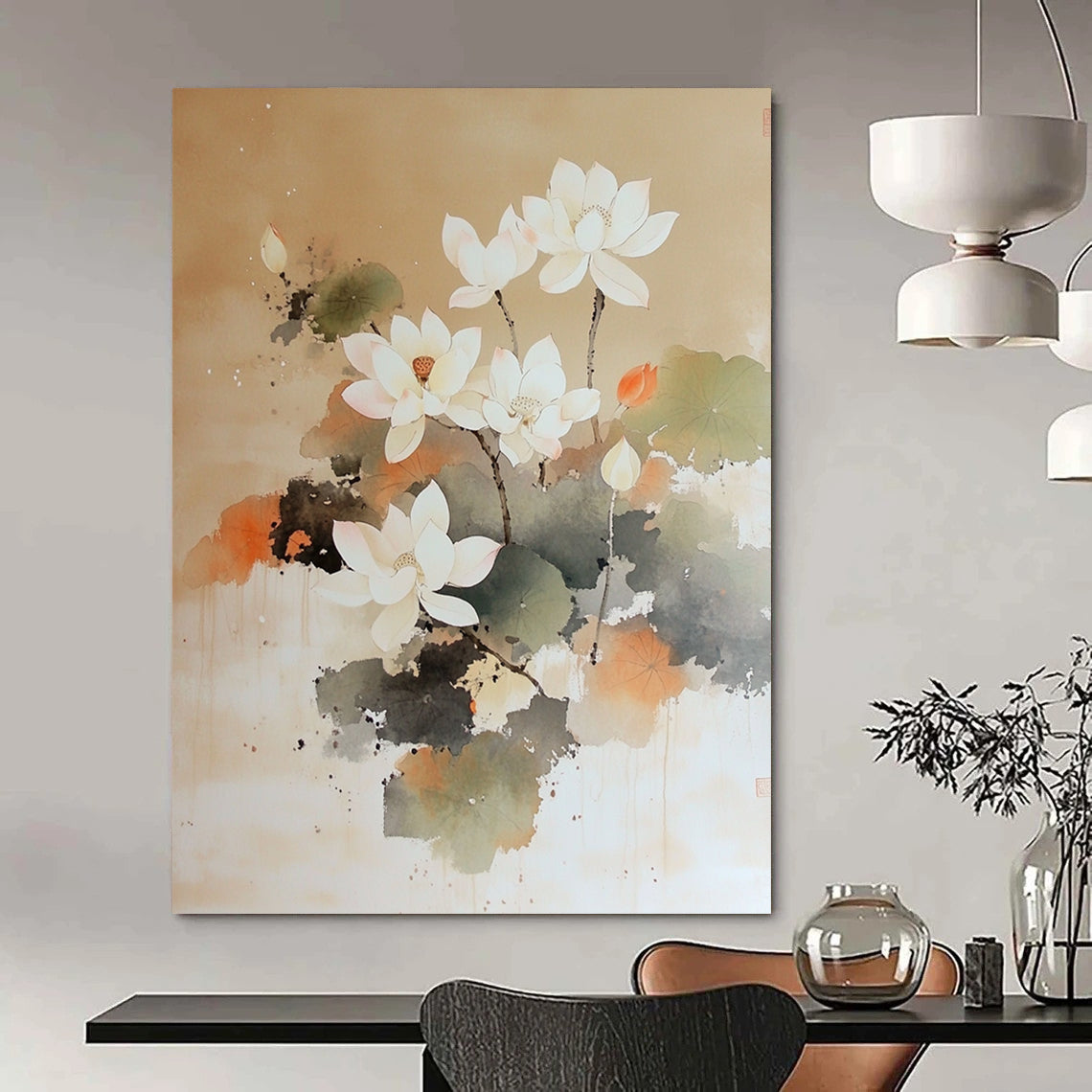 Contemporary hand-painted abstract artwork featuring a white lotus tree blooming on a soft brown background with delicate brushstrokes and ethereal watercolor techniques. DLZ1415