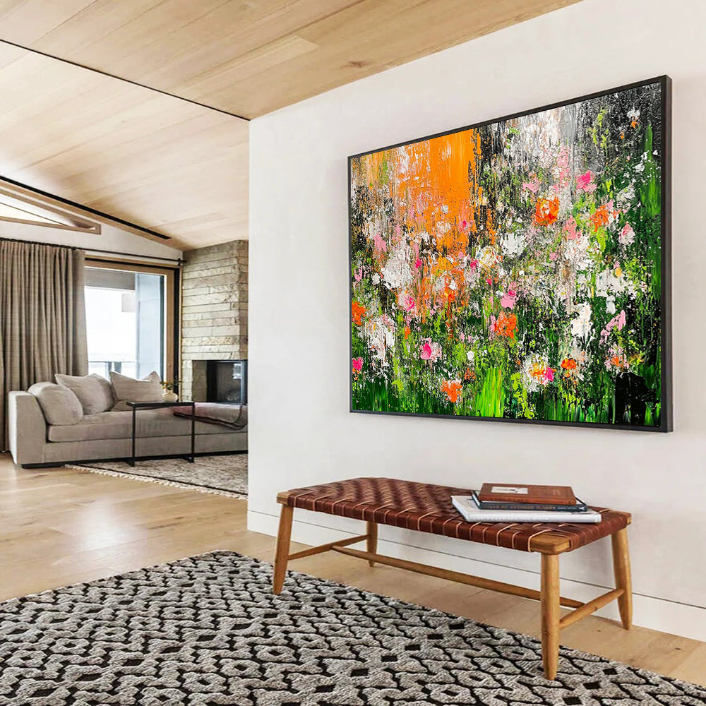 Impasto Flower Field in Orange and Pink – Textured Abstract Acrylic Floral Painting HB1472