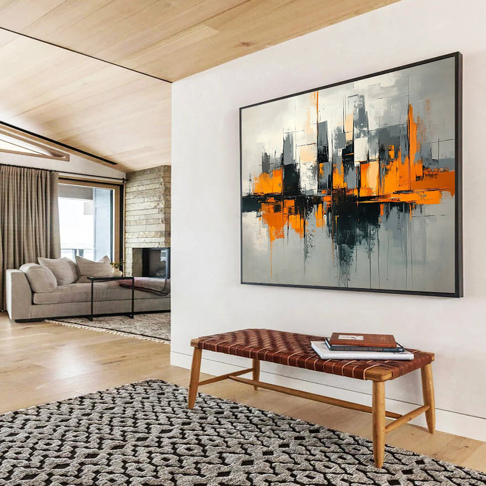 “Urban Geometry in Orange” - Orange, Gray, Black, Abstract Cubist Cityscape Painting On Canvas HB1079