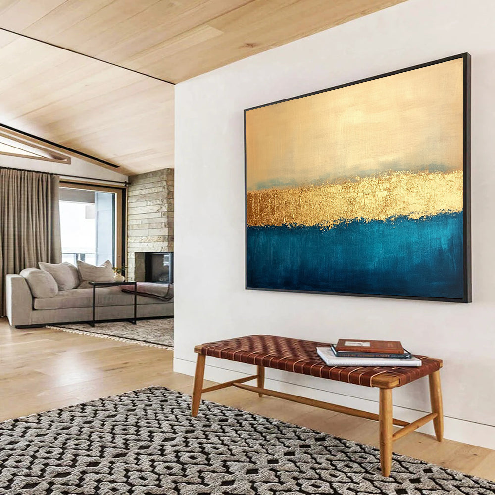 “Gold and Blue Striped Abstract” - Gold, Blue, Horizontal Stripes, Minimalist Painting On Canvas HB0897