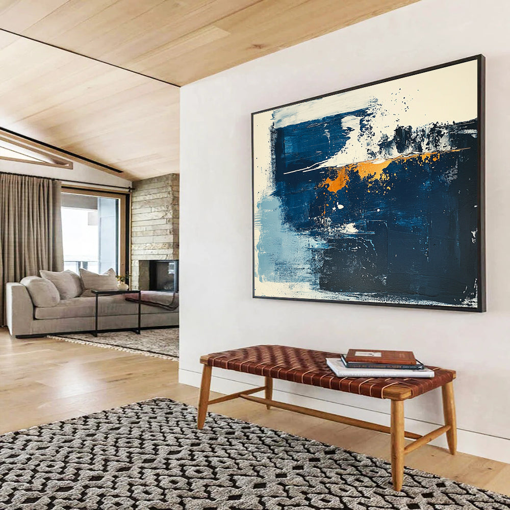 “Blue - White - Gold Abstract Splashes” - Blue, White, Gold, Abstract splashes - Acrylic Painting HB1792